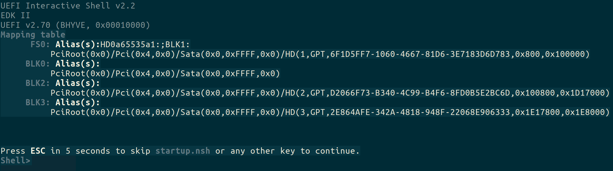 bhyve UEFI shell: UEFI Interactive Shell EDK II mapping table