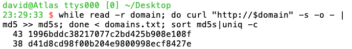 MD5 hashes of pages on each domain