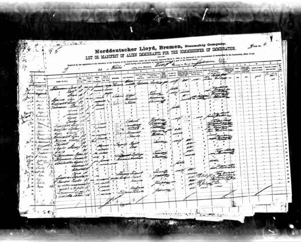 Page from the passenger list of the SS Koln showing Martin Schlachter and Justina Tschosick, Dec 18, 1902