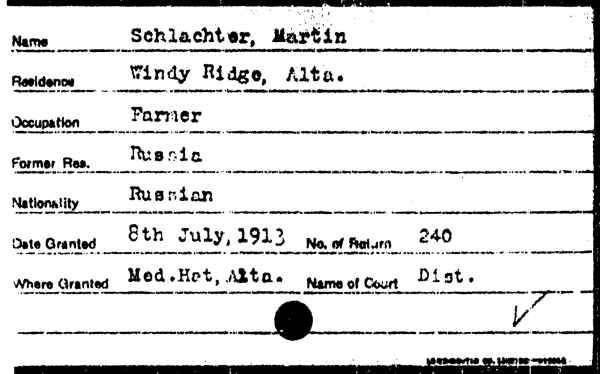 Canadian naturalization record for Martin Schlachter