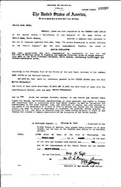 North Dakota land patent for Martin Schlachter