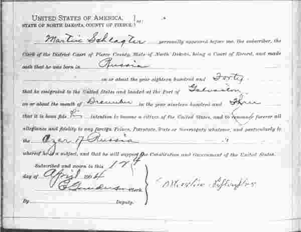 United States naturalization, first papers for Martin Schlachter
