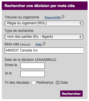Screenshot of the search tool from the Société québécoise d'information juridique